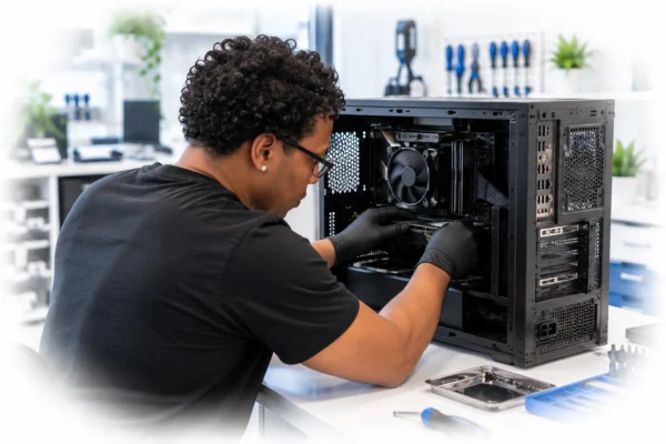 Computer technician upgrading hardware inside an open desktop PC tower.
