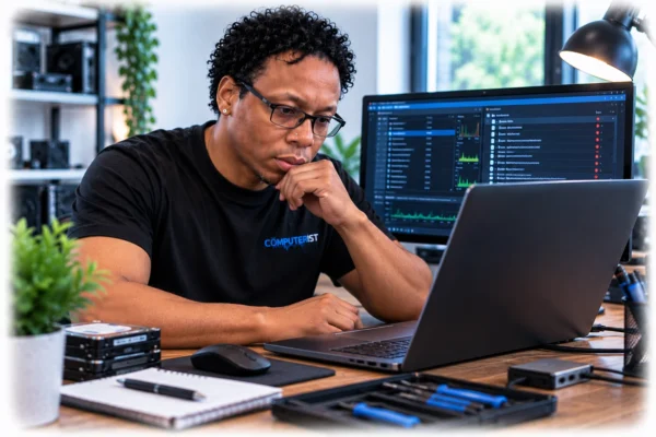 Computerist technician investigating a laptop for a potential virus or malware infection