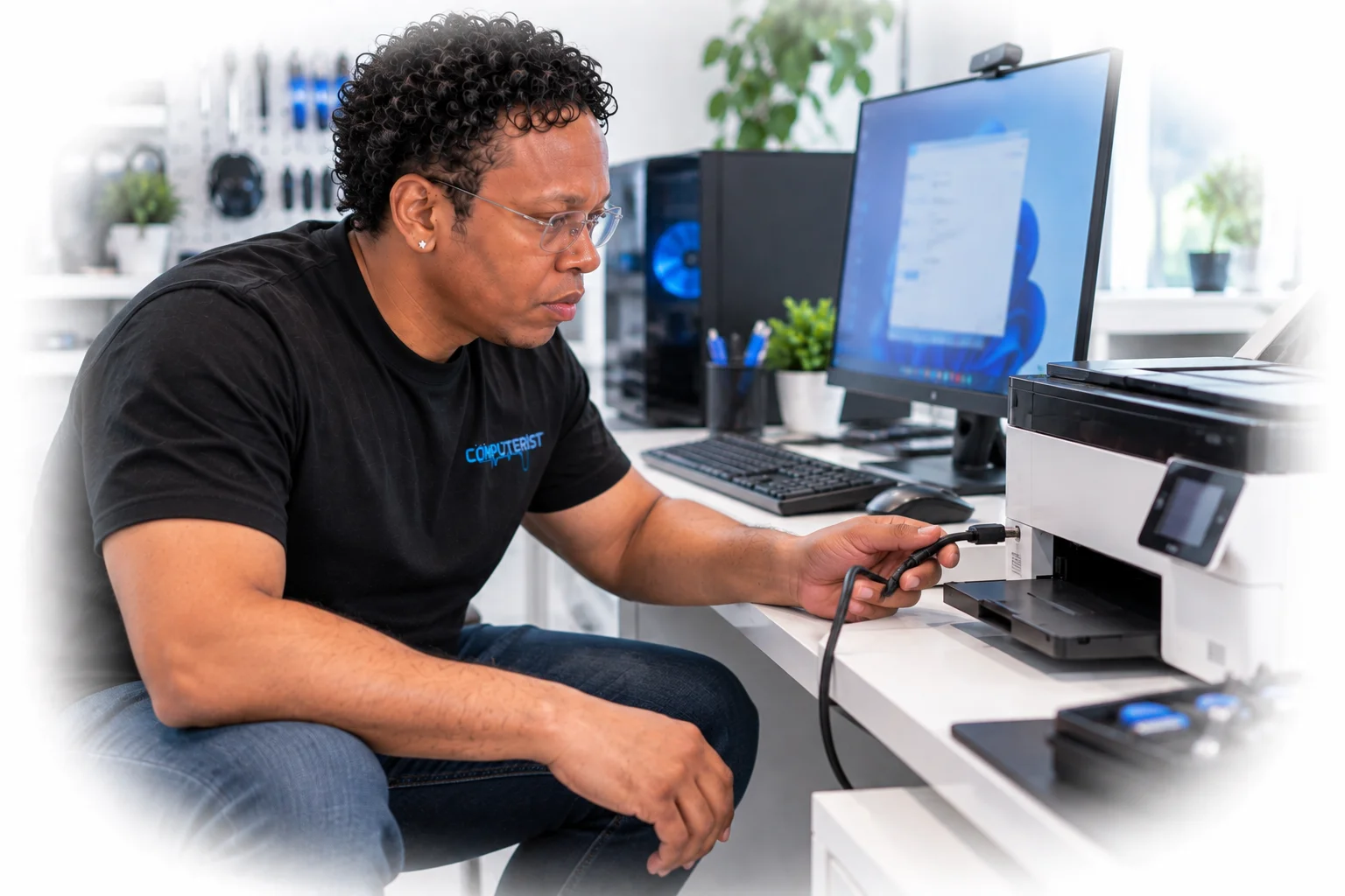 Technician checking computer drivers and device software