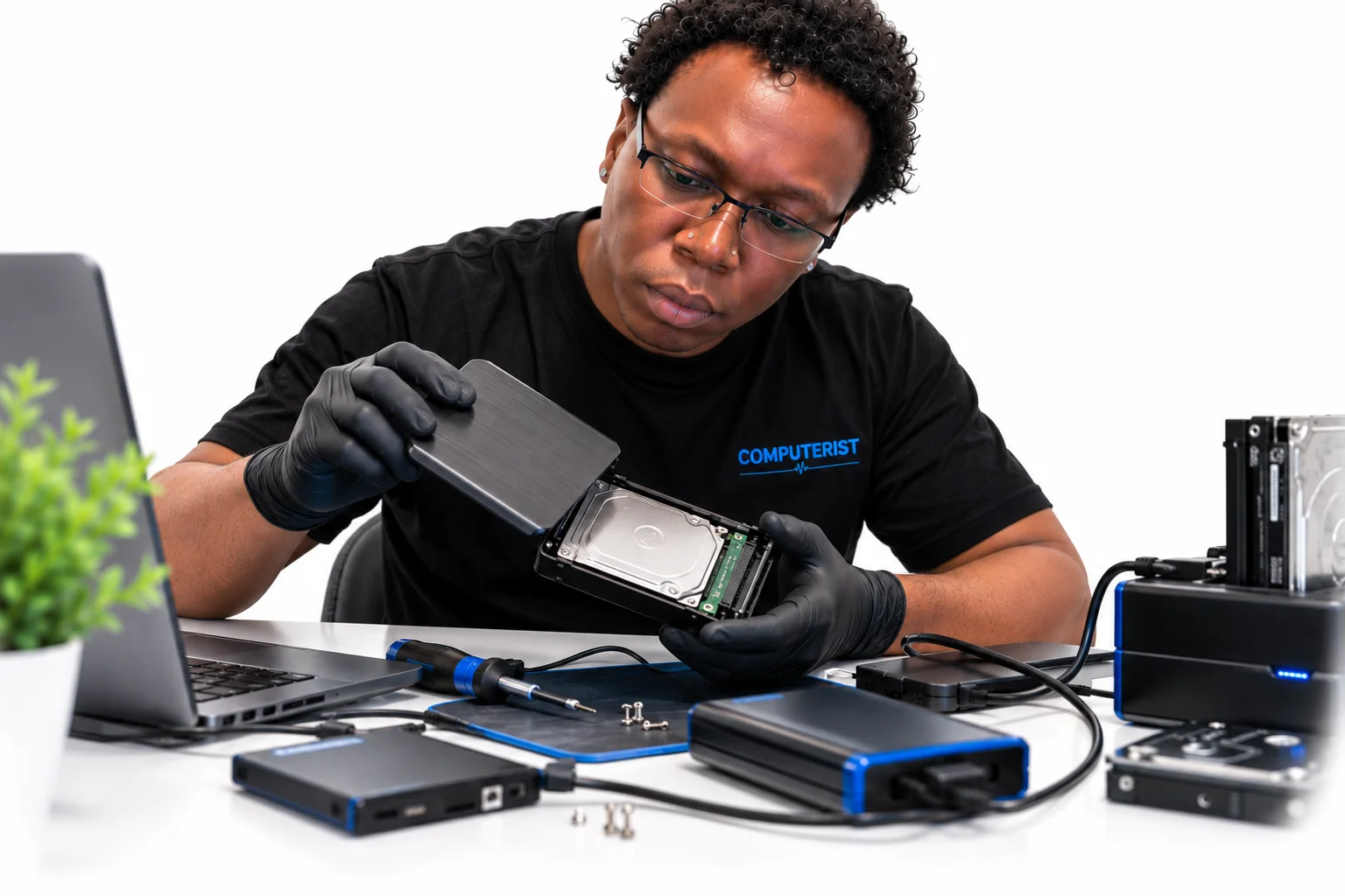 Data Recovery 72 Computerist technician examining an external hard drive connected to diagnostic equipment