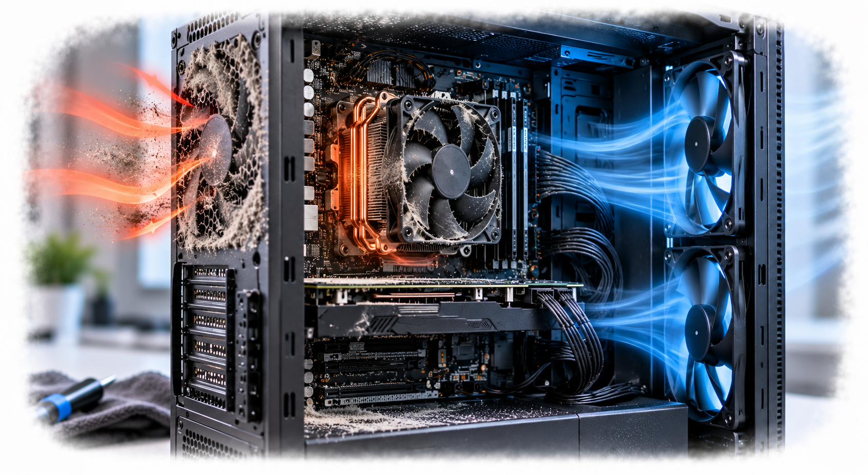 Technical illustration showing how dust inside a computer can restrict airflow and affect cooling
