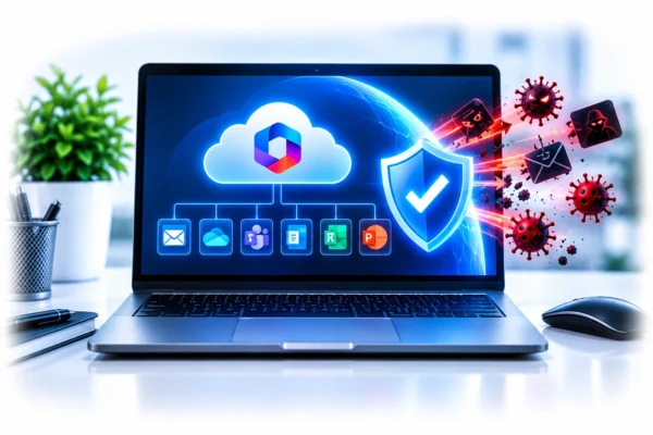 Technical illustration showing Microsoft 365 cloud services protected from malware and cybersecurity threats
