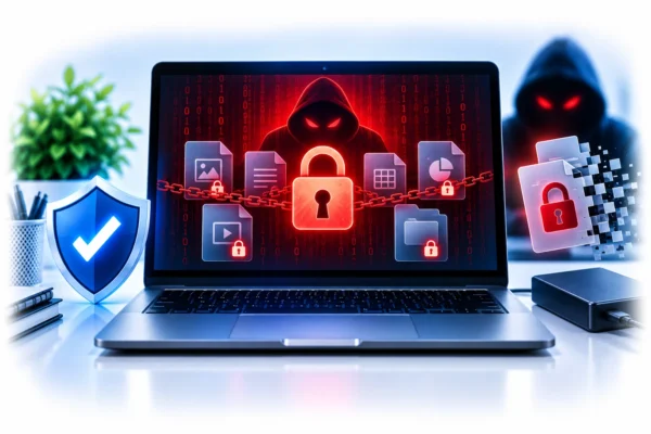 Technical illustration showing ransomware encrypting files on a laptop and locking access to data