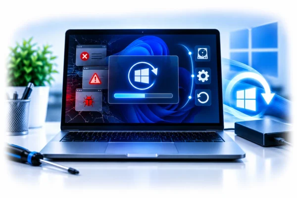 Technical illustration showing a Windows computer requiring reinstallation after errors and malware problems