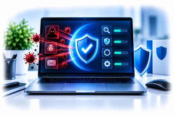 Technical illustration showing antivirus software detecting and blocking malware threats on a computer
