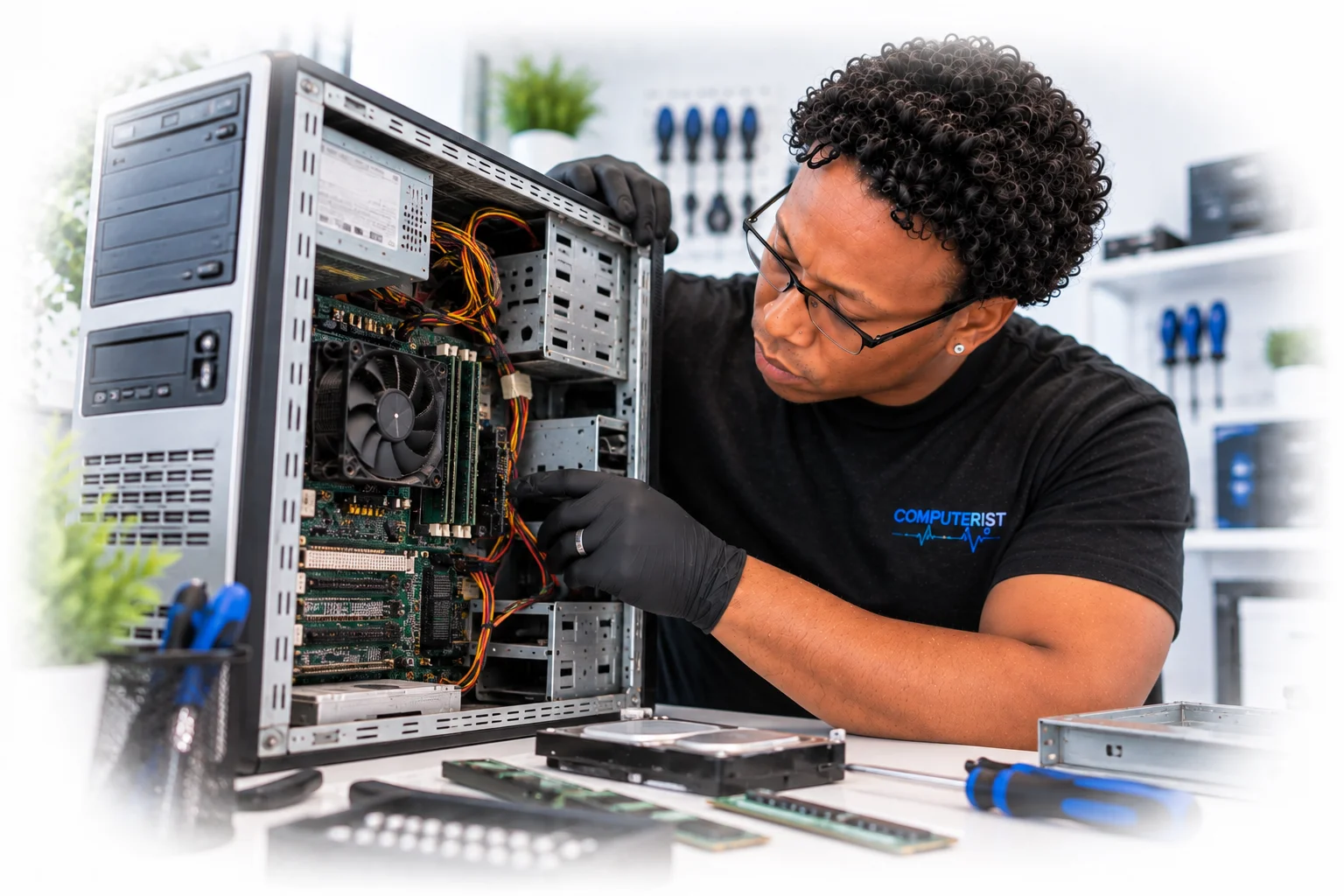 Computer technician inspecting an older desktop computer for possible upgrades.
