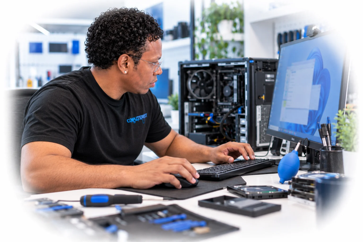 Technician installing software while checking computer performance