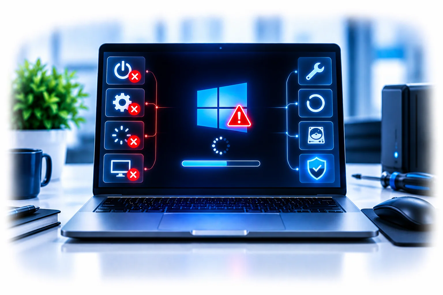 Technical illustration showing a Windows laptop experiencing a startup and boot failure