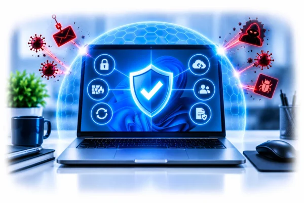 Technical illustration showing a computer protected against future malware and cybersecurity threats