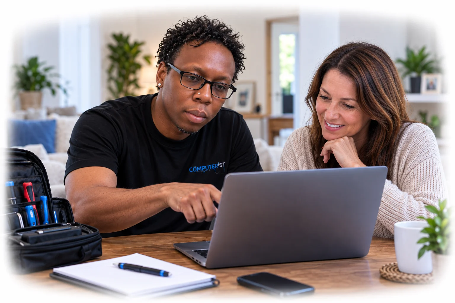 Computerist technician helping a customer diagnose a computer problem at home