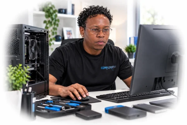 Technician installing software on a computer