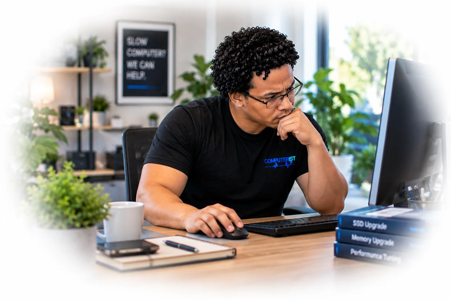 Computer technician diagnosing a slow computer with a customer in a modern home office.
