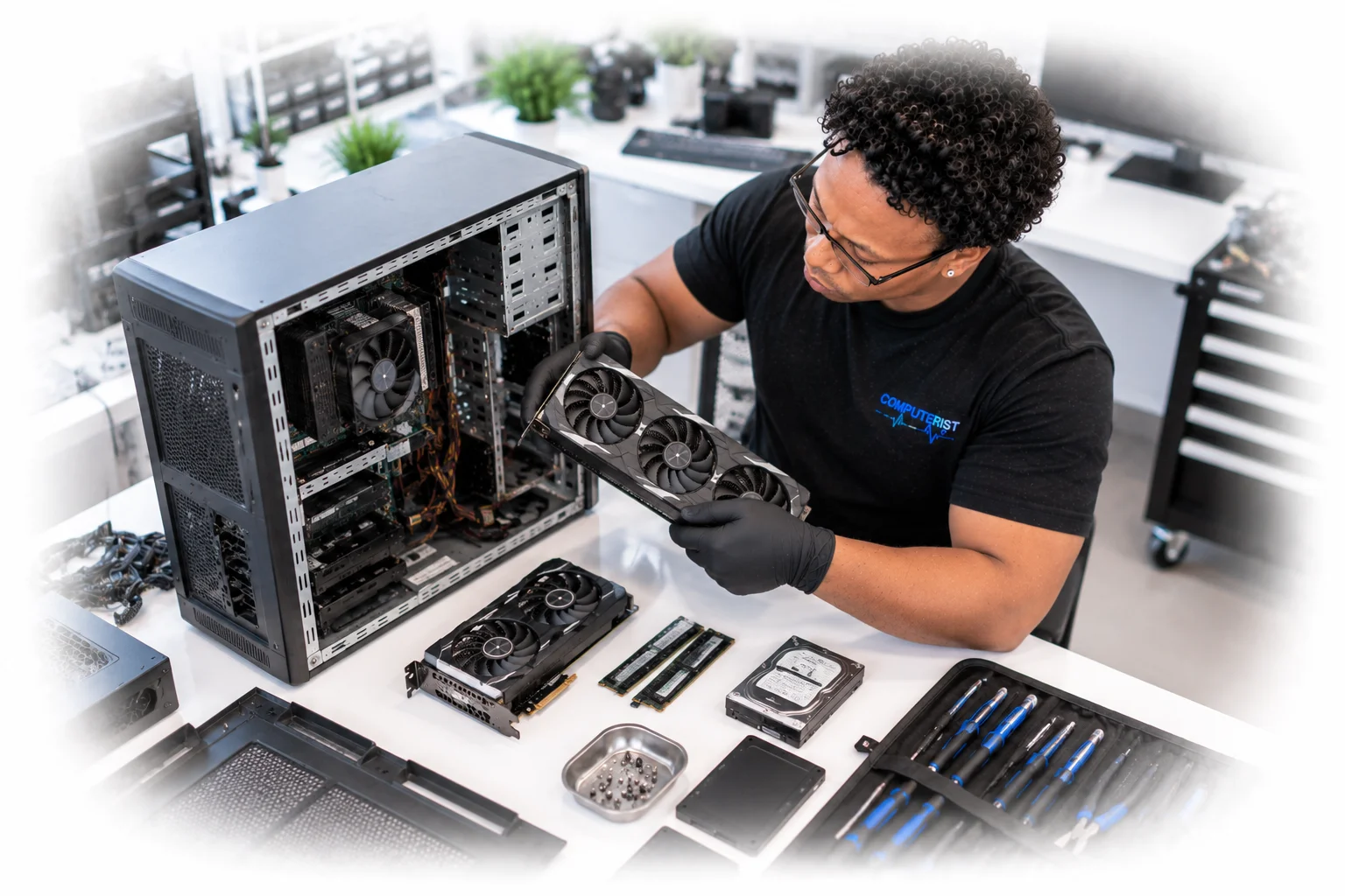 Computer technician carrying out a hardware upgrade on an open desktop PC.