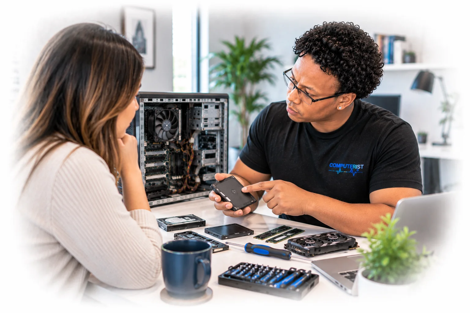 Computer technician discussing computer upgrade options with a customer.
