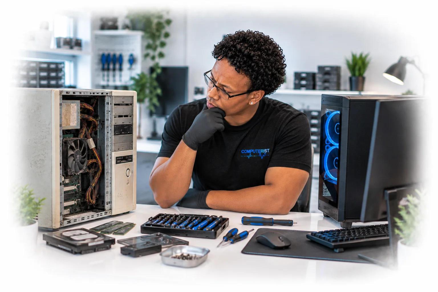 Computer technician assessing an older computer alongside a modern replacement system.
