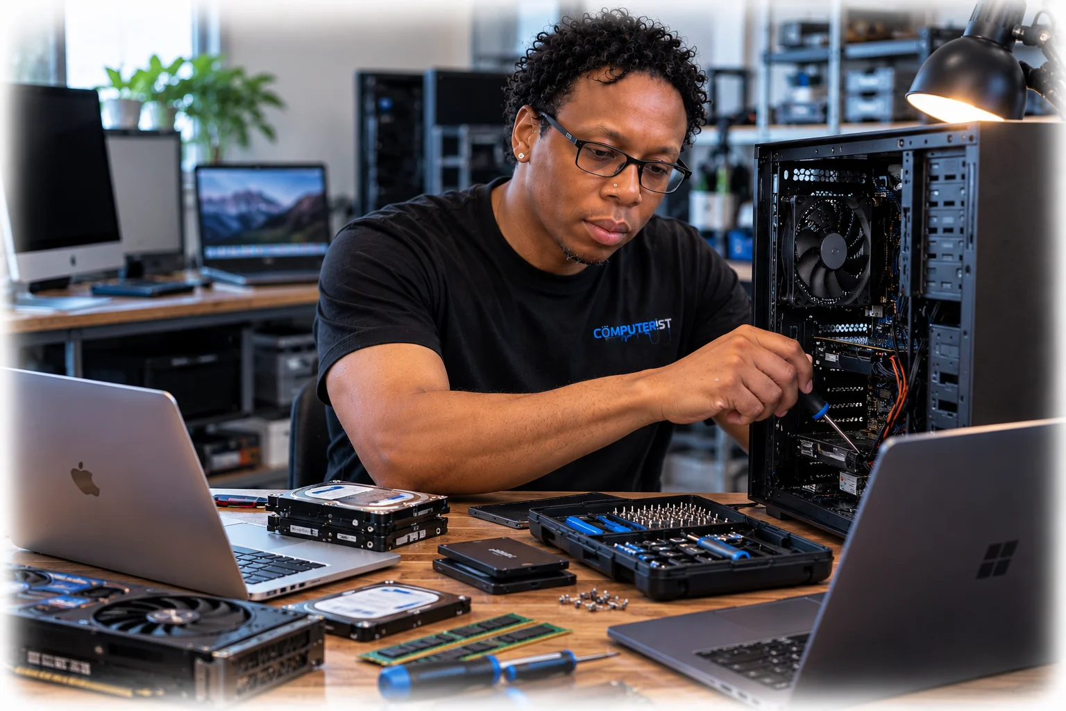 Computerist technician repairing a desktop computer surrounded by laptops, drives, RAM and computer repair equipment
