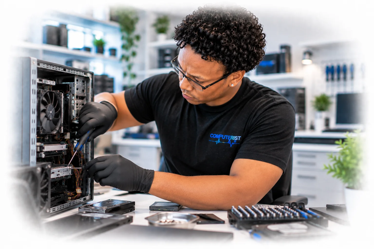 Computerist technician performing meticulous hardware work inside a desktop computer.
