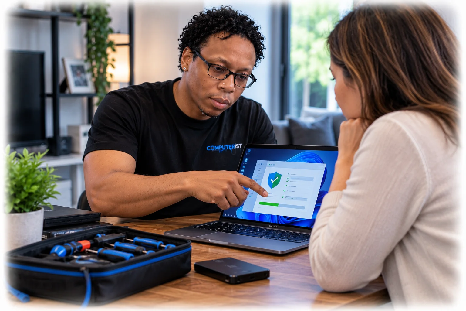 Computerist technician explaining a computer security problem and recommended solution to a customer
