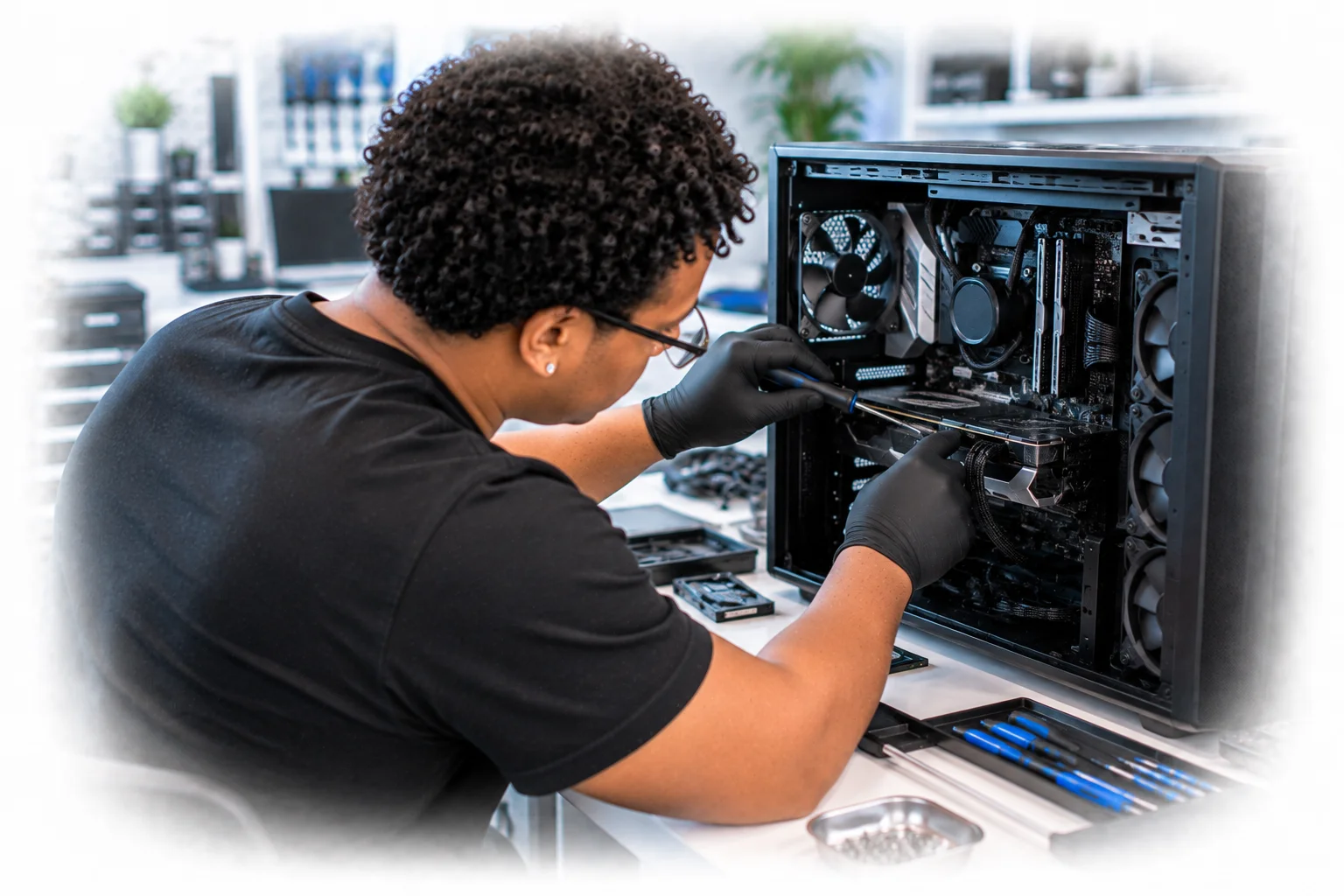 Computer technician working on a complex desktop system using professional tools.
