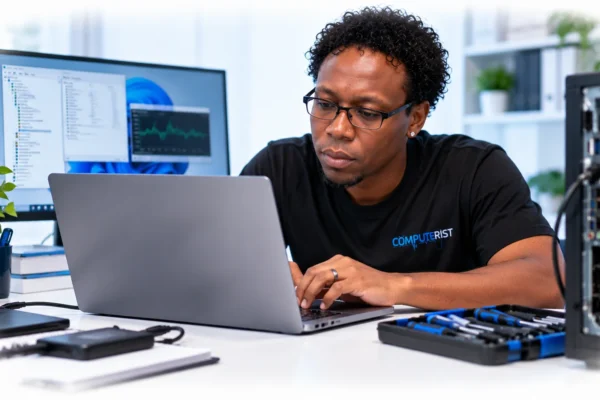 Computerist technician performing a general computer check-up and diagnostics
