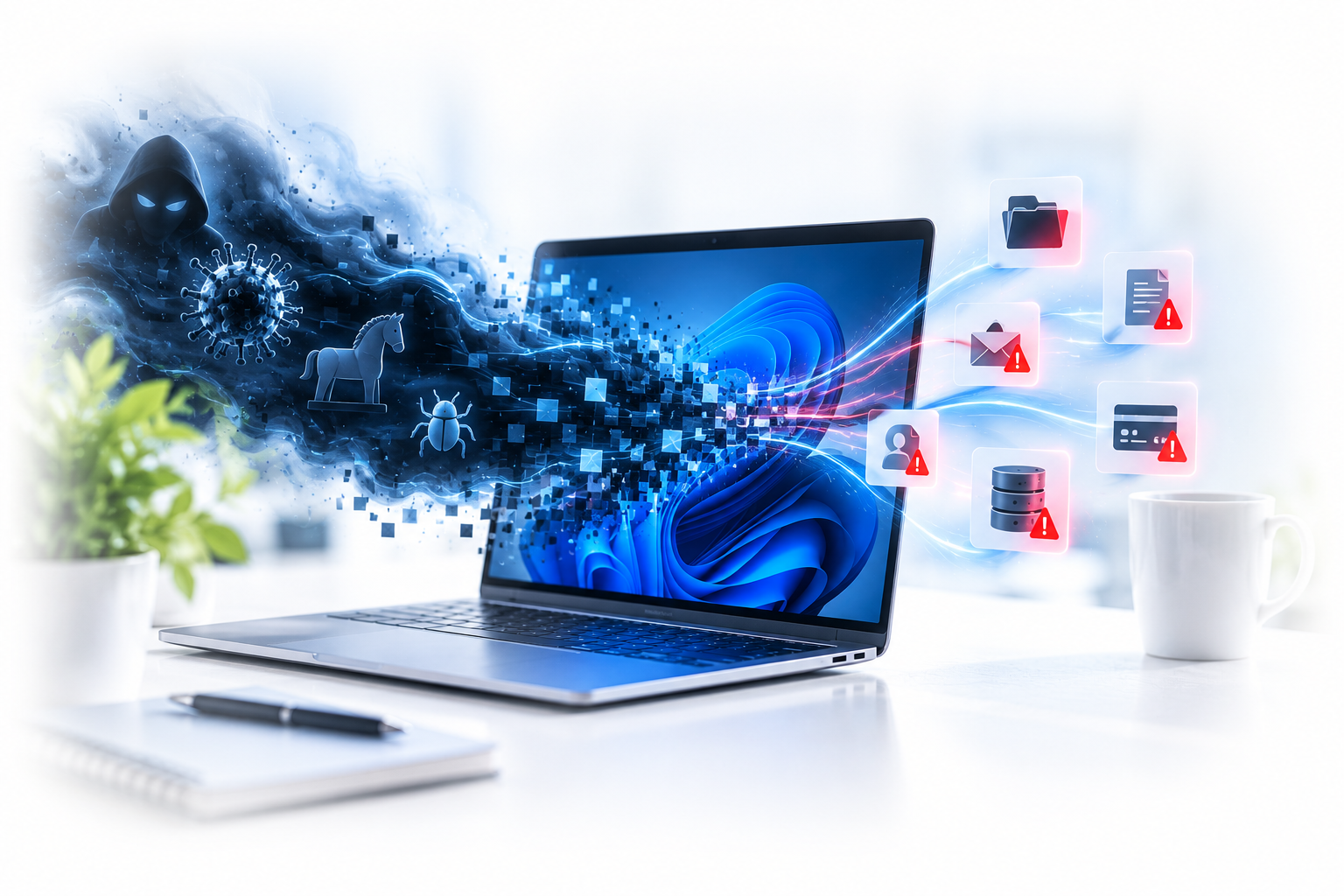 Technical illustration showing malware entering and affecting a computer system
