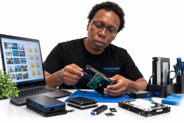 Data Recovery 14 Computerist technician investigating storage devices following a data loss problem