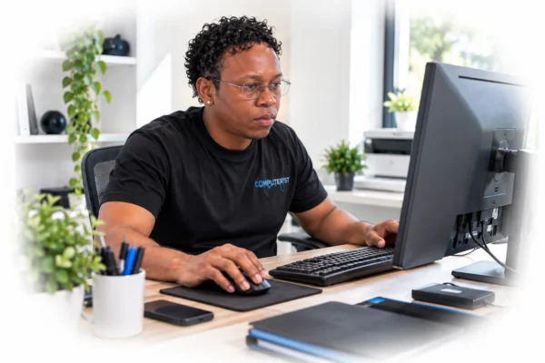 Technician troubleshooting computer software problems