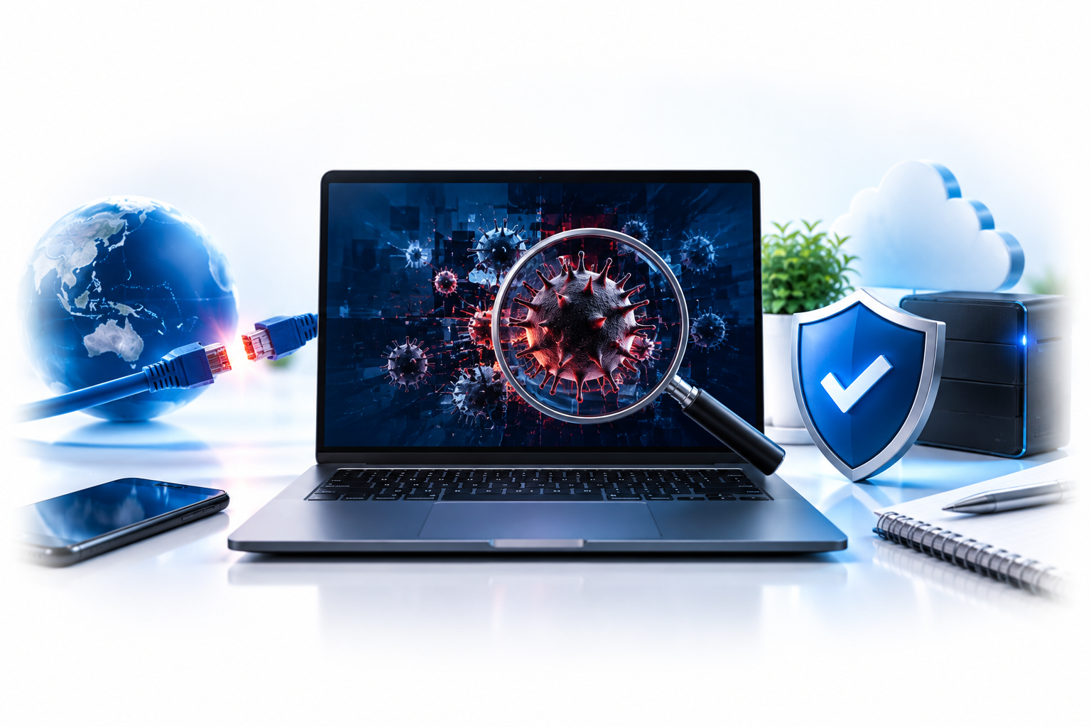 Technical illustration showing a laptop with a suspected malware infection alongside security and isolation concepts 
