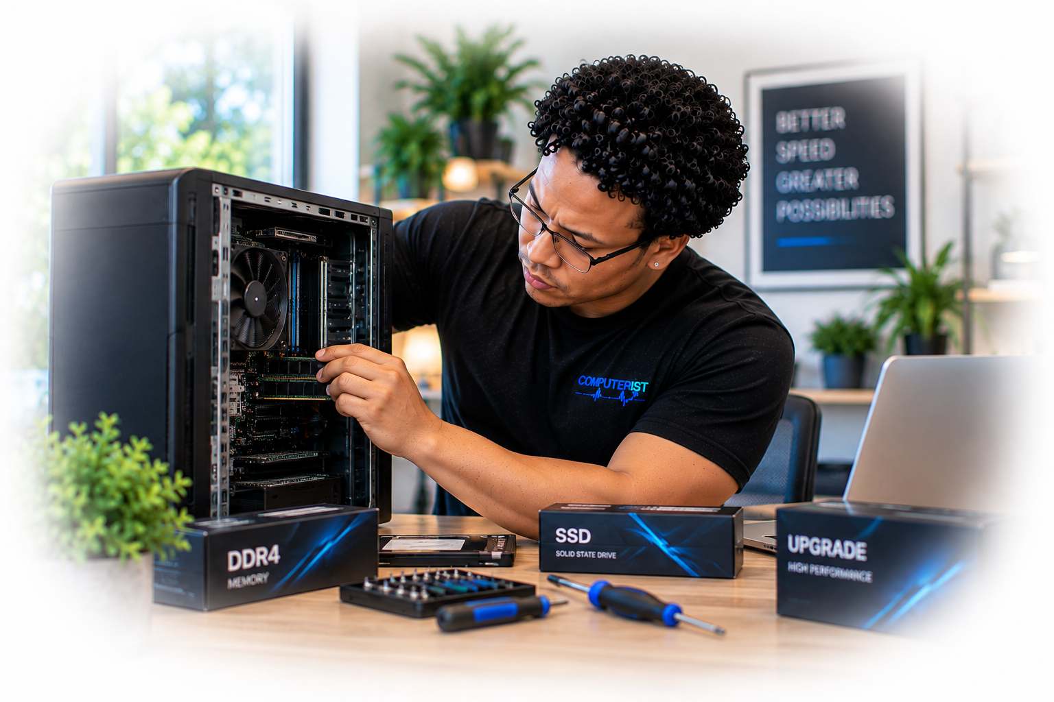Computer technician installing an M.2 SSD into a laptop motherboard.
