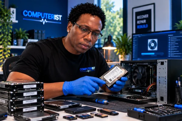 Data Recovery 30 Computerist technician diagnosing a computer that will not boot while protecting its storage data