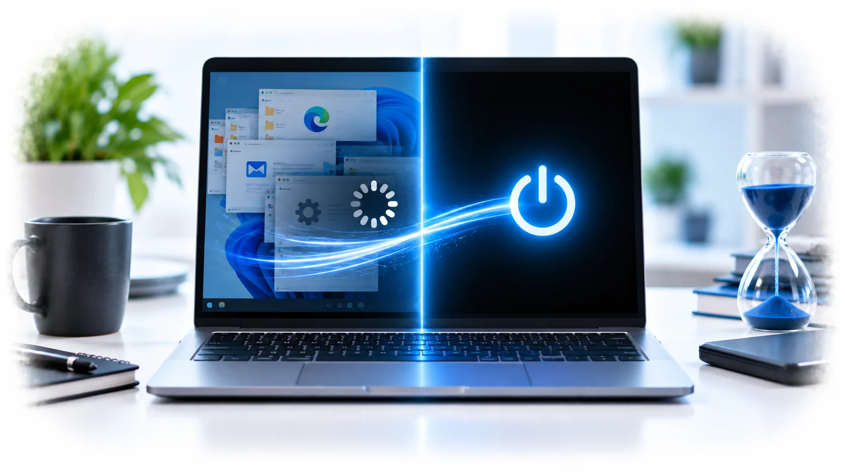 Technical illustration showing a computer being optimised for a cleaner and more efficient shutdown
