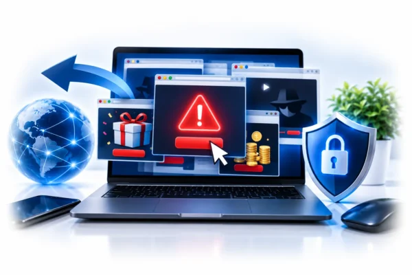 Computerist technical illustration showing browser pop-ups, malicious redirects and security threats affecting a laptop
