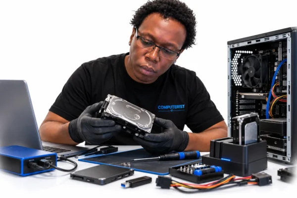 Data Recovery 38 Computerist technician carefully examining a failed mechanical hard drive
