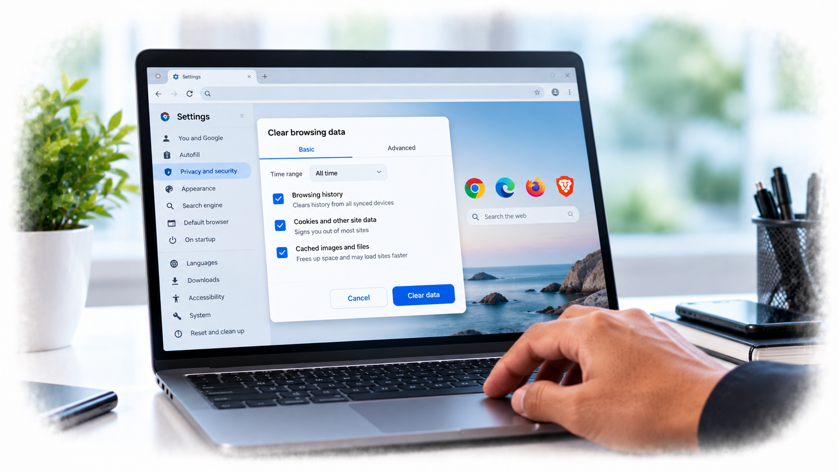 Computer browser being cleaned up by reviewing browsing data, cookies and cached files