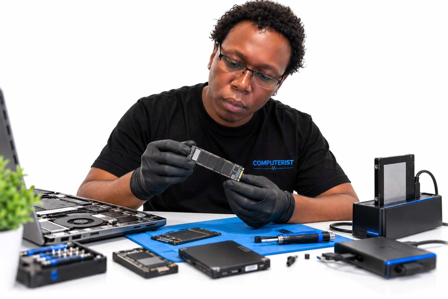 Data Recovery 47 Computerist technician examining an SSD during professional data recovery assessment