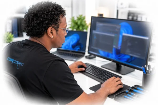 Technician troubleshooting software problems on a computer
