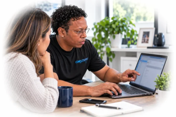 Technician setting up email software on a computer