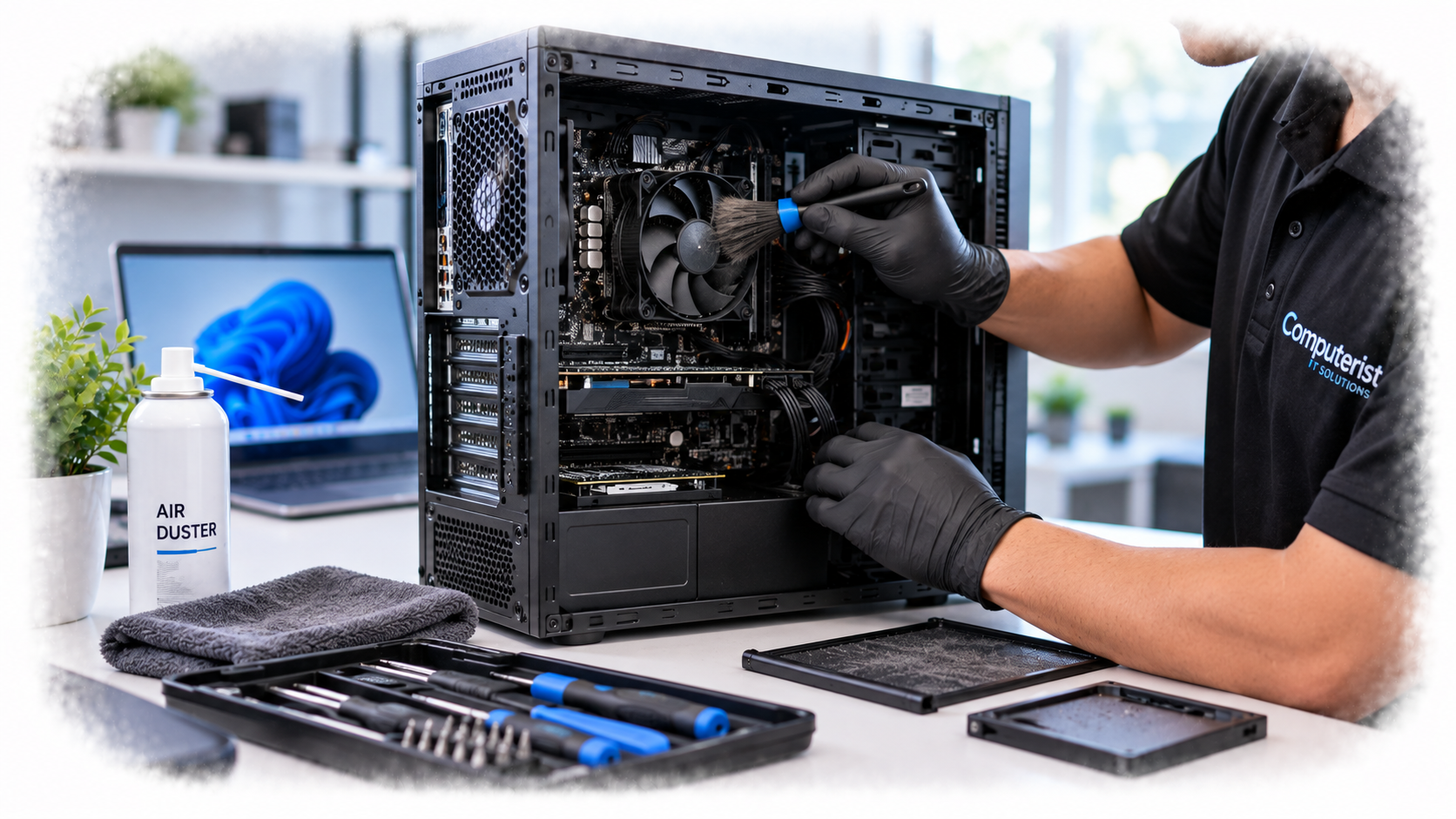 Computer technician cleaning dust from the inside of a desktop PC
